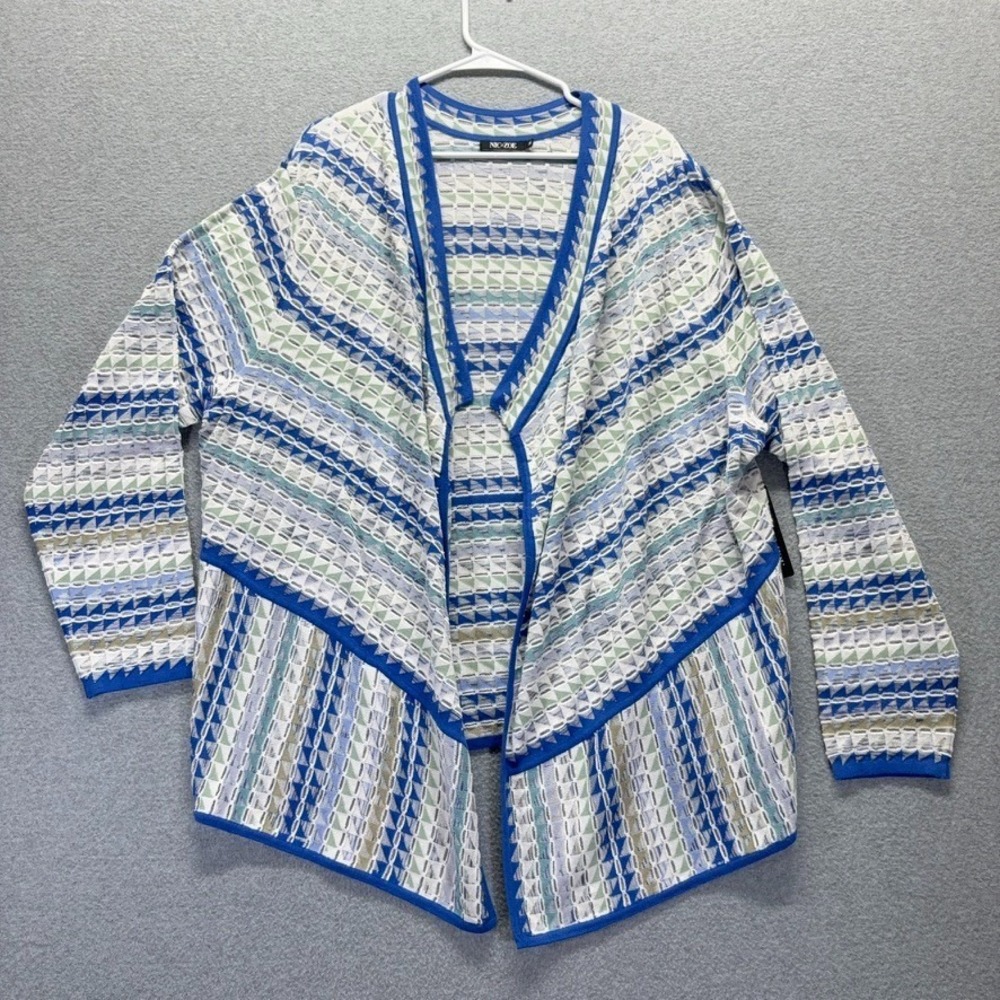 Nic + Zoe Sweater Womens 3X Plus White Blue Cardigan Open Front Prism Stitch New